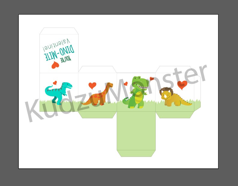 Puede incluir: Tarjeta de San Valent&iacute;n imprimible con tem&aacute;tica de dinosaurios. La tarjeta tiene forma de cubo y presenta diferentes dinosaurios con corazones. El texto de la tarjeta dice "You're Dino-mite Valentine!"