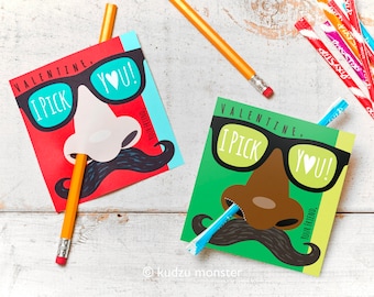 Funny Nose Picking Valentines Classroom Pencil Holder valentines mustache glasses valentine card Valentine's day pixie sticks I pick you