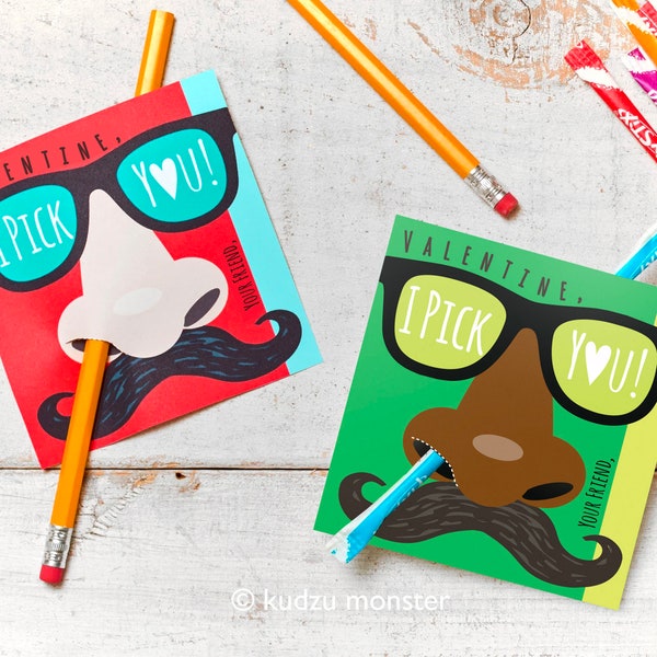 Funny Nose Picking Valentines Classroom Pencil Holder valentines mustache glasses valentine card Valentine's day pixie sticks I pick you