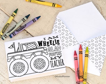 INSTANT DOWNLOAD Teacher Day Card Coloring page Monster Truck Boy printable craft classroom activity wheelie glad you're my Teacher
