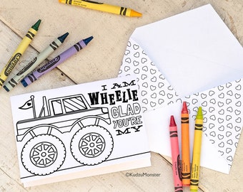 Father's Day Monster Truck INSTANT DOWNLOAD Printable Coloring Card DIY card Fill in the blank I'm wheelie glad Grandpa Pawpaw Dad Stepdad