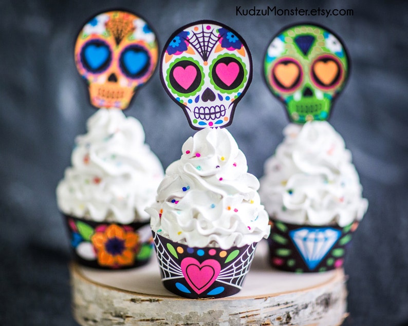 Halloween Printable cupcake wrappers and cupcake toppers Sugar Skull Day of the Dead Dia de los Muertos skeleton girly pink bright cute image 1