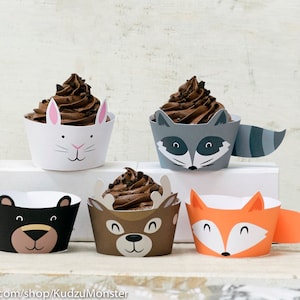 woodland animals cupcake wrappers printable fox black bear raccoon baby deer bunny rabbit critters baby shower decor birthday party DIY
