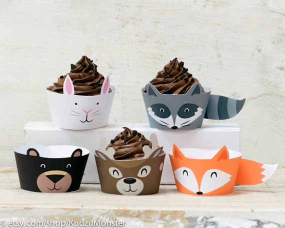 woodland animals cupcake wrappers printable fox black bear raccoon baby deer bunny rabbit critters baby shower decor birthday party DIY Il_570xn