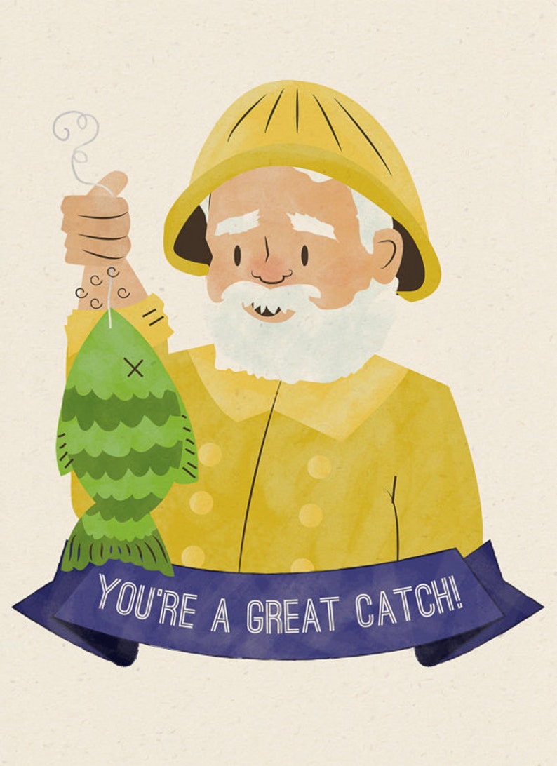 INSTANT DOWNLOAD Printable love Card Fisherman Fishing You're a Great Catch manly bearded old man illustration fish sea ocean image 2
