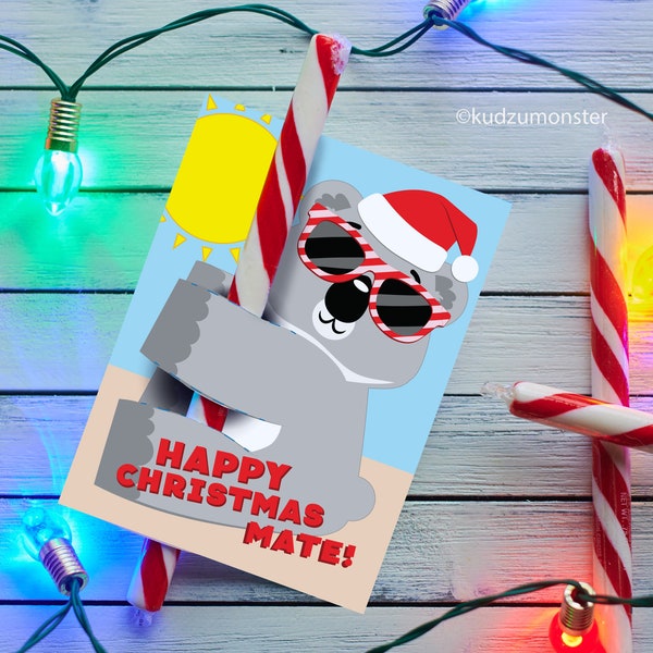 Koala Christmas Candy Cane Holder Card for Kids Classroom Holiday Party Favor Instant Download Printable Cute Australian Christmas