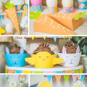 Easter printable decor kit easter bunny carrot favor boxes baby chicks eggs holder cupcake wrappers DIY easter brunch party instant download