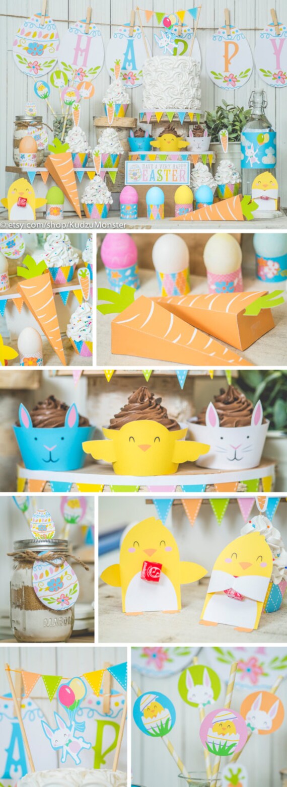 Easter printable decor kit easter bunny carrot favor boxes baby chicks eggs holder cupcake wrappers DIY easter brunch party instant download Il_570xn