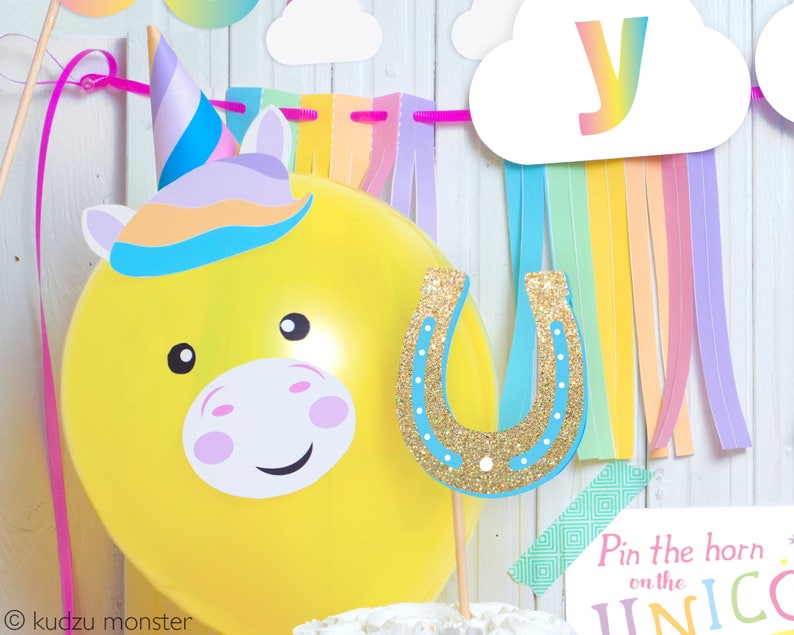 Cute Unicorn Printable Balloon Face and 3D horn DIY Instant Download File Cut Out and tape to balloon for Rainbow Unicorn Birthday Party image 2
