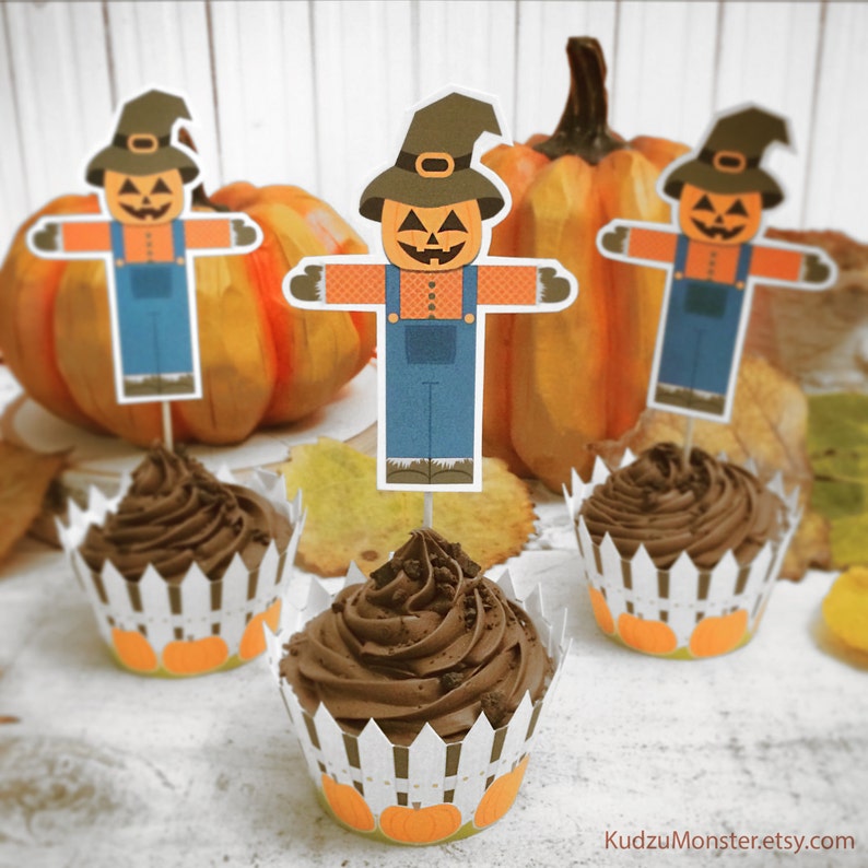 Halloween Printable cupcake wrappers and cupcake toppers Scarecrow Pumpkin Jackolantern fall harvest festival cute not scary autumn decor image 1