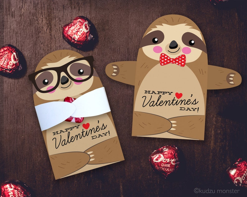 Cute Sloth Classroom Candy Holder valentines cute animal individual candy valentine card Valentine's day chocolate holders hipster glasses 