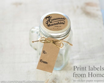 Moonshine Print at home labels and tags for homemade mason jar gifts printable faux kraft rustic gift tags and top label DIY kit