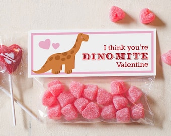 INSTANT DOWNLOAD Printable Cute Dinosaur Classroom Valentines Treat Candy Bag Topper Long Neck brachiosaurus diplodocus dinomite