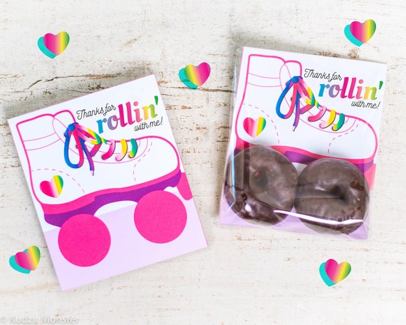 INSTANT DOWNLOAD printable skate party favor card roller derby print out for small donuts or cookies cute girly rainbow eighties theme Il_570xn