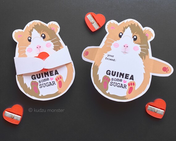 Guinea Pig Valentine Printable Cute Pet Hugger for small candy, toy, erasers, pencil sharpener and more Easy Funny Rodent DIY Print at home Il_570xn