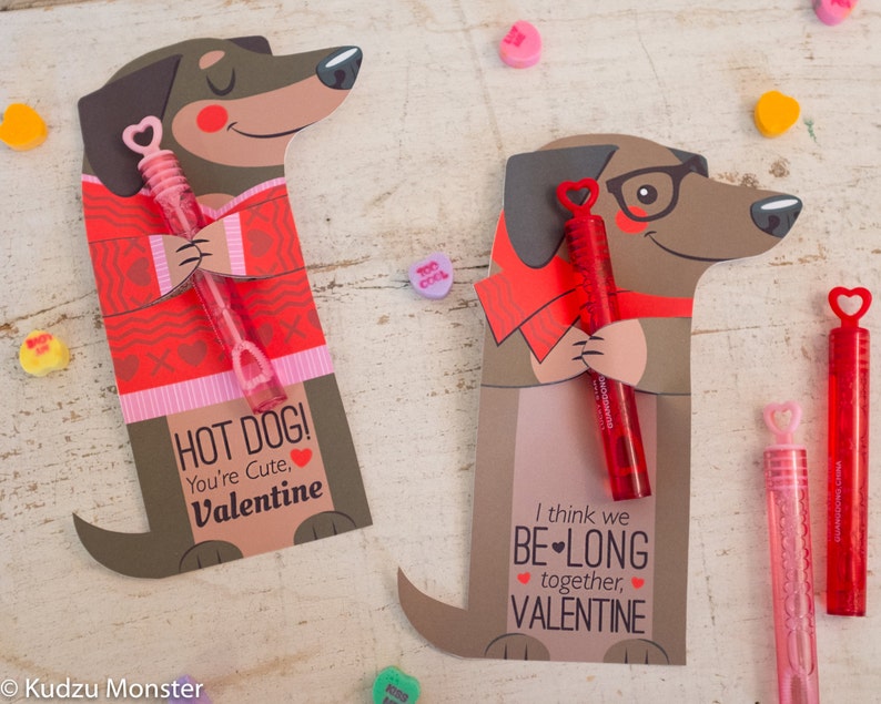 Weenie Dog Valentine Printable Dachshund Puppy weiner dog Non Candy, Pencil valentine, bubble valentine, glow stick valentines, candy hugger image 2