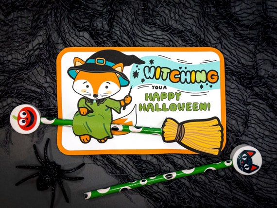 Cute Fox Witch on Broom - Glow Bracelet or Pencil Holder - Kawaii Halloween Party Favor - Printable Card - Instant Download - Trick or Treat Il_570xn