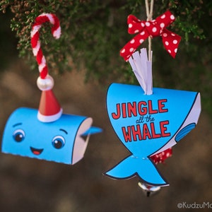 Colorir ornamento de natal atividade jingle baleia simples fácil diy crianças diversão férias artesanato bonito papel 3d baleia download instantâneo para impressão