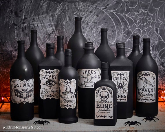 Printable Apothecary Labels for halloween vintage looking hand drawn illustrations on textured background witch's brew,Raven feathers, skull Il_570xn
