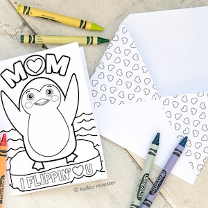 SOFORTIGER DOWNLOAD Muttertagskarte Malvorlage Pinguin niedliche arktische Illustration I Flippin love you punny Färbung Aktivitätskarte Basteln