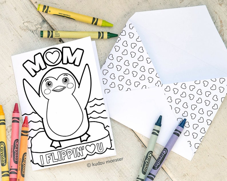 INSTANT DOWNLOAD Mother's Day Card Coloring page penguin image 1