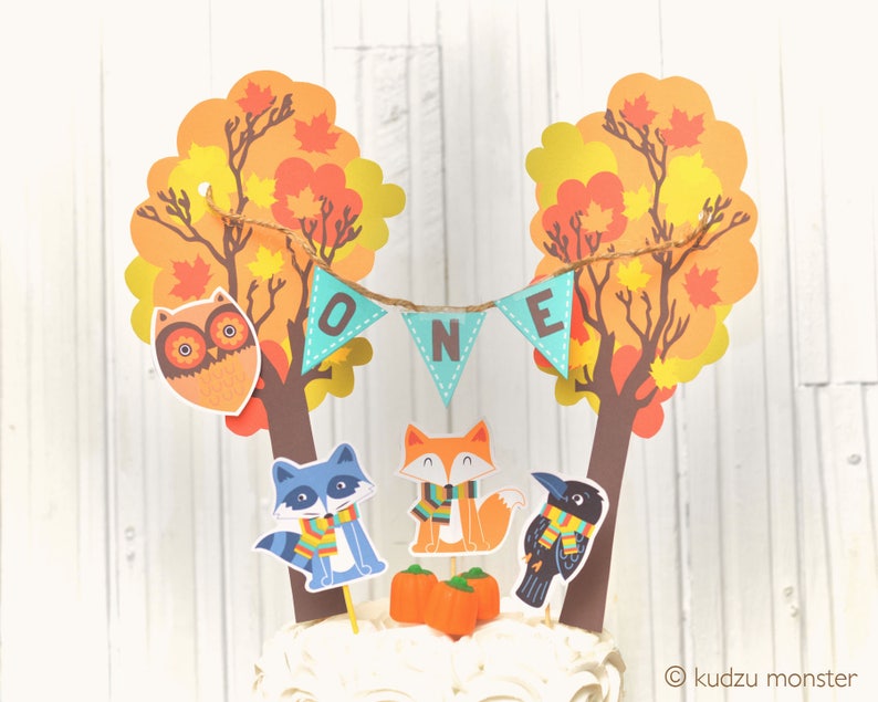 Woodland Party Smash Cake Topper Cute Animals and Fall trees image 1