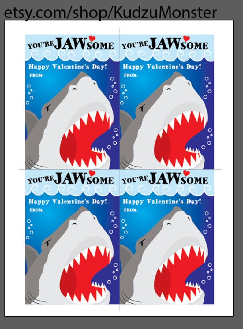 INSTANT DOWNLOAD Printable Classroom shark valentines cards goldfish valentine's day shark week great white sharks funny boys valentine jaws image 2