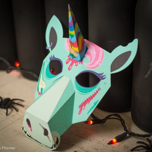 Printable ZOMBIE Unicorn Paper Mask Creepy Cute Halloween or Unicorn Birthday Party DIY print at home cute mask craft for kids or adults image 2