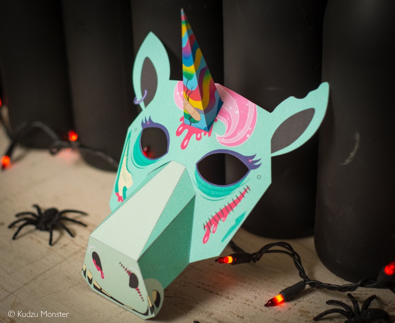 Printable ZOMBIE Unicorn Paper Mask Creepy Cute Halloween or Unicorn Birthday Party DIY print at home cute mask craft for kids or adults image 2