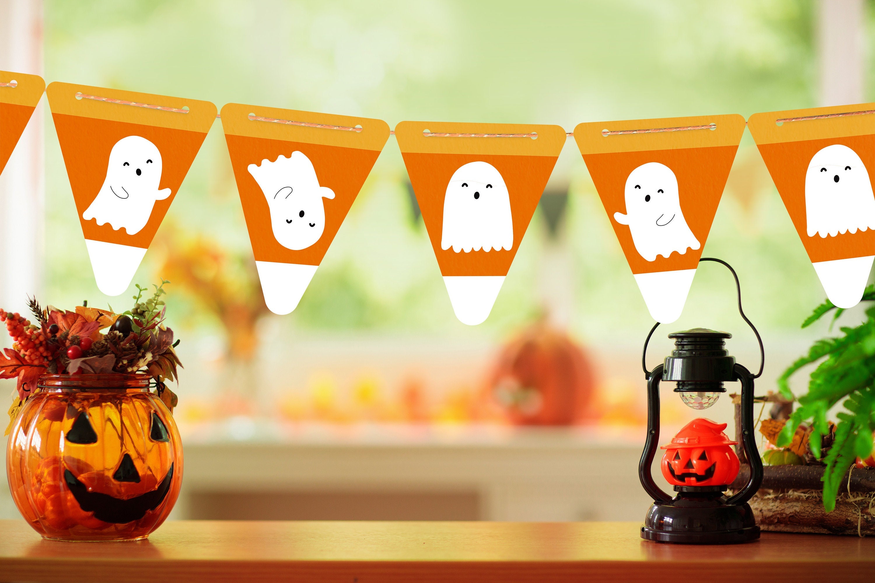Printable Candy Corn Ghost Garland - Halloween Pennant Flag Banner - Cute Simple Fall Decor - DIY Instant Download Orange Garland Streamers