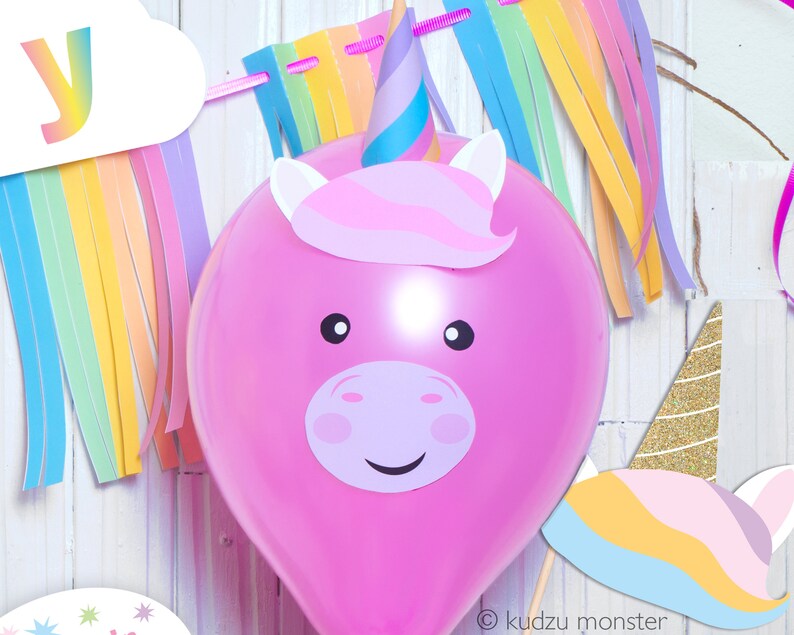 Cute Unicorn Printable Balloon Face and 3D horn DIY Instant Download File Cut Out and tape to balloon for Rainbow Unicorn Birthday Party image 1