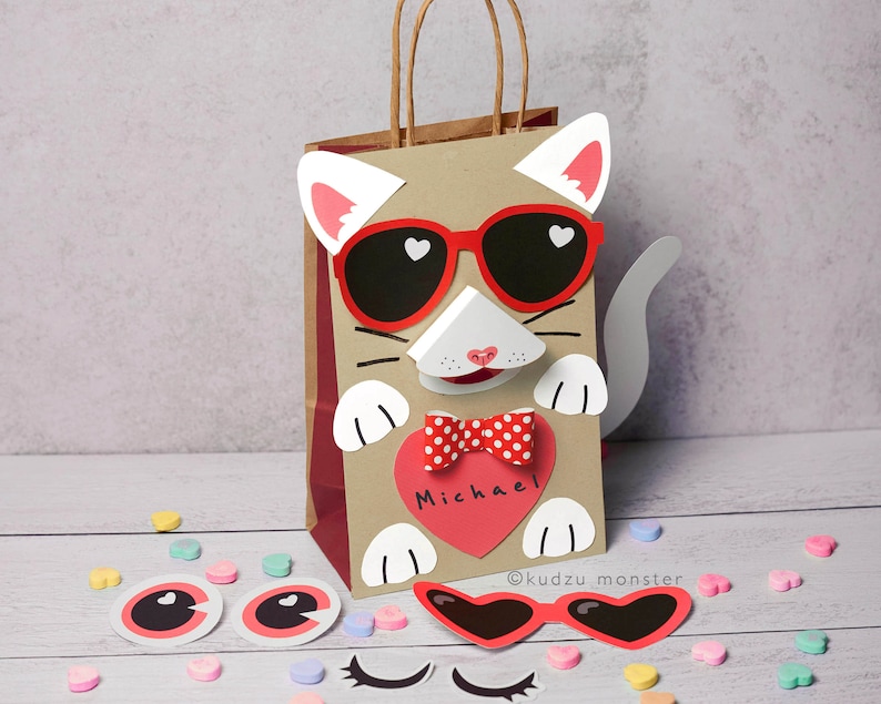 Cat Valentine Bag or Box Printable Decor Kit 3D snout, paws, tail, sunglasses, 3D Bowtie DIY kitty mailbox for school valentine's cards image 4