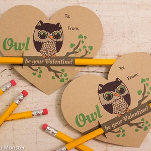 Printable Owl Pencil valentines Instant Download Non candy valentines DIY print at home OWL be your Valentine Cute Kraft rustic file