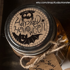 Descarga instantánea de la etiqueta de la tapa del tarro de albañil de Halloween impresa en casa regalo del tarro de caramelo del monstruo del murciélago
