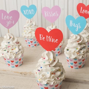 Valentines Cupcake wrappers and cupcake toppers for Valentine&#39;s day party printable hearts and patterned cupcake holders DIY decor