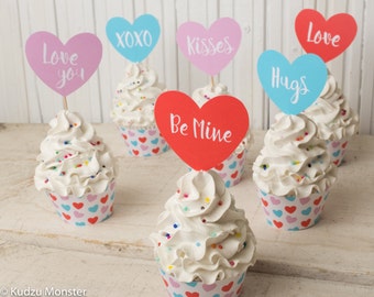 Valentines Cupcake wrappers and cupcake toppers for Valentine's day party printable hearts and patterned cupcake holders DIY decor