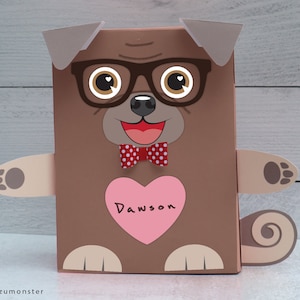 Pug Valentine Box Printable Decor Kit 3D ears, eye options, 3D bow, sunglasses, cute boy dog mailbox school valentine&#39;s day cards