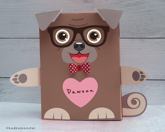 Pug Valentine Box Printable Decor Kit 3D ears, eye options, 3D bow, sunglasses, cute boy dog mailbox school valentine's day cards Il_570xn