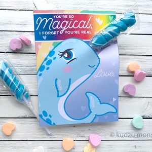 Narwhal Horn Valentine's Day Cards Twisty Rainbow Lollipop Sucker Cute Girly Magical Valentines for School Printable DIY Easy Cards