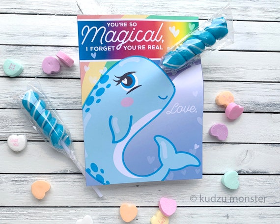 Narwhal Horn Valentine's Day Cards Twisty Rainbow Lollipop Sucker Cute Girly Magical Valentines for School Printable DIY Easy Cards Il_570xn