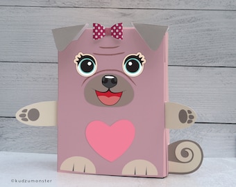 Pug Valentine Box Printable Decor Kit 3D ears, eye options, 3D bow, sunglasses, cute girly dog mailbox school valentine's day cards