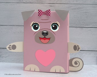 Pug Valentine Box Printable Decor Kit 3D ears, eye options, 3D bow, sunglasses, cute girly dog mailbox school valentine&#39;s day cards