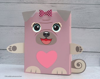 Pug Valentine Box Printable Decor Kit 3D ears, eye options, 3D bow, sunglasses, cute girly dog mailbox school valentine's day cards