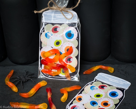 INSTANT DOWNLOAD Jar of Eyeballs gummy worm printable bag inset for halloween candy or small toys spooky weird science Halloween party favor Il_570xn