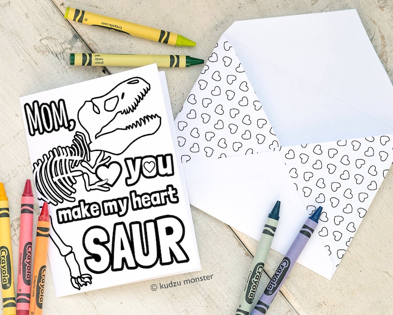 INSTANT DOWNLOAD Mother's Day Card Coloring page T Rex image 1
