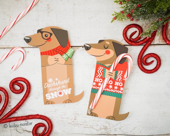 Weenie Dog Holiday Christmas Printable Dachshund Puppy Weiner dog Candy Cane Holder, Bubble Wand Holder, Pencil, Holder, Cute Party favor Il_570xn