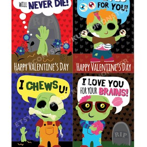 INSTANT DOWNLOAD Printable Classroom zombie valentines cards valentine's day funny boys valentine brains zombies creepy gross tomboy punk image 2