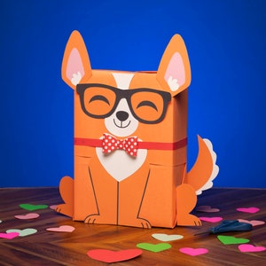 Corgi Valentine Box afdrukbare decorkit, schattige oranje hond Valentijnsdag brievenbus Craft Kit DIY schoenendoos thuis afdrukken en aanpassen