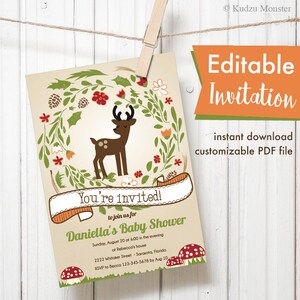 Thème cerf des bois modifiable imprimable Baby Shower Party Invitation genre neutre ou invitation d'anniversaire couronne florale champignons