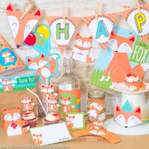 Fox woodland Party printable decor kit fox cupcake topper fox party game instant download cupcake wrap treat topper party favor crown hat